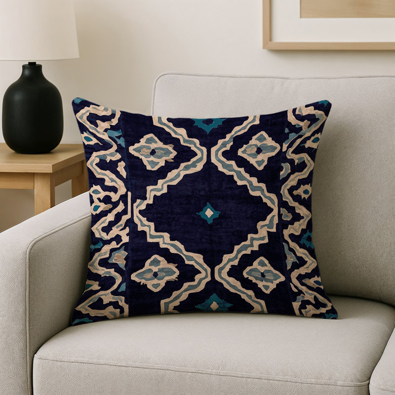 Coussin décoratif intérieur / extérieur gris Modern Modern, Carré 16 po, Noir / beige / bleu géométrique