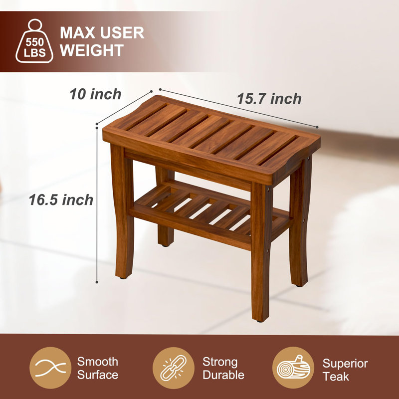 Tabouret de banc de douche en teck avec tablette de rangement, siège de baignoire spa imperméable, tabouret de douche pour la douche intérieure, banc de salle de bain