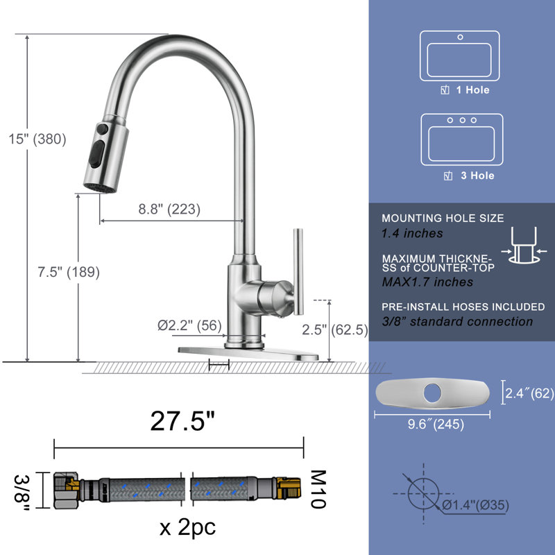 Modern High Arc Single Handle Pull-down Sprayer Kitchen Faucet With Deckplate And Supply Lines In Brushed Nickel