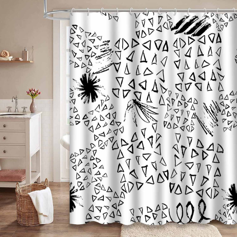 Rideau de douche monochrome blanc à triangles abstraits avec 12 crochets, L 72 po x l 84 po