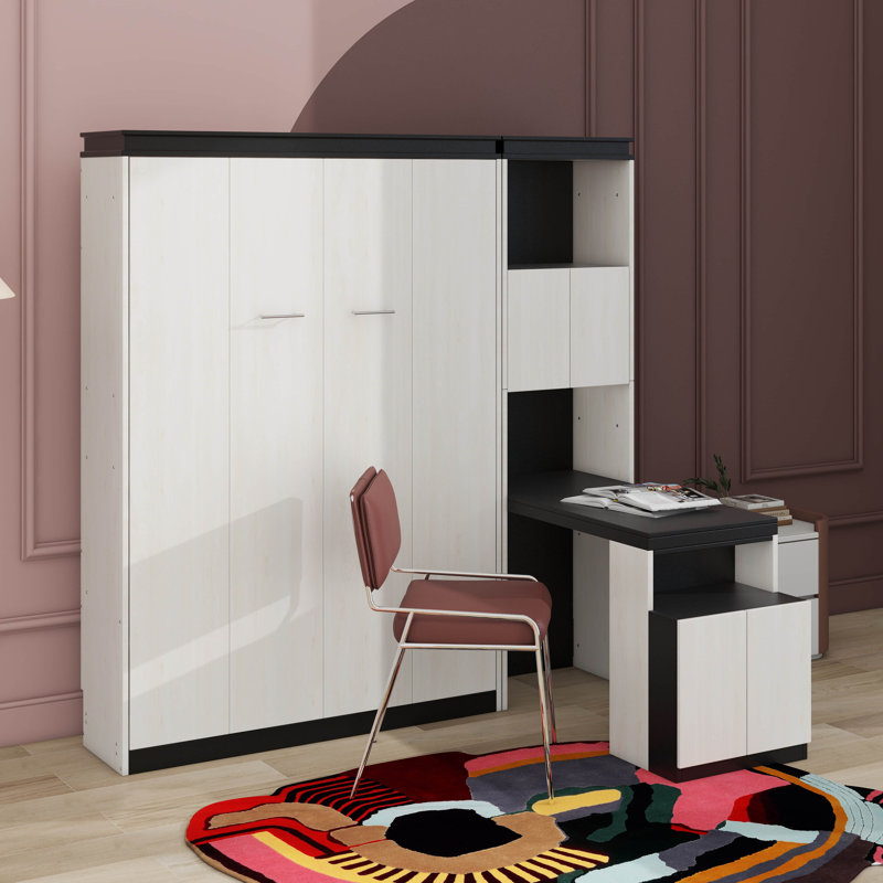 Lit escamotable double avec bureau, tablettes de rangement et armoires