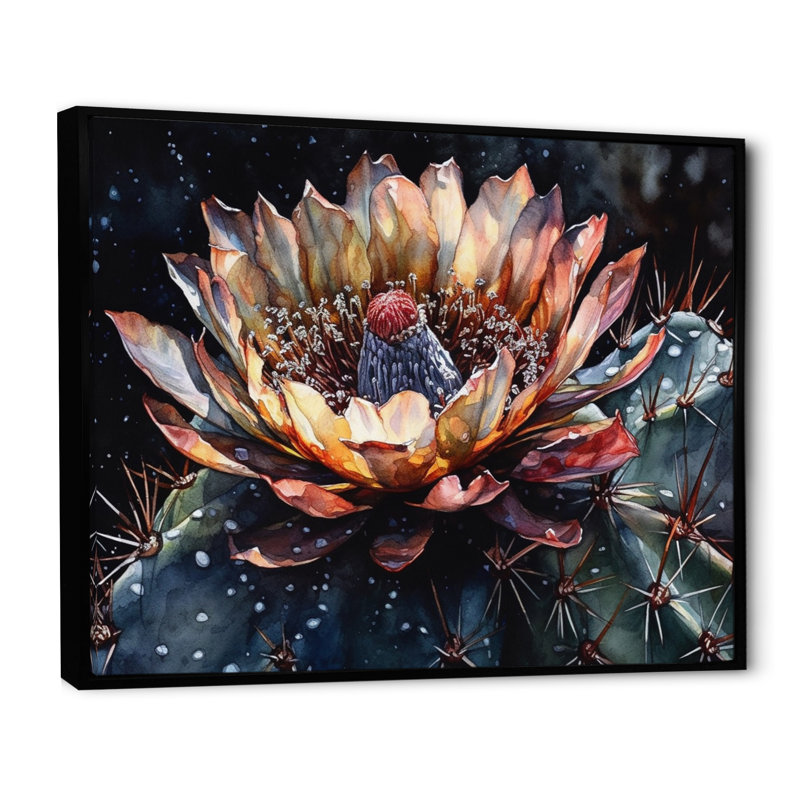 Rowin Brown Green Cactus Flower II sur impression sur toile, H 24 po x l 32 po x P 1 po, Cadre flottant noir