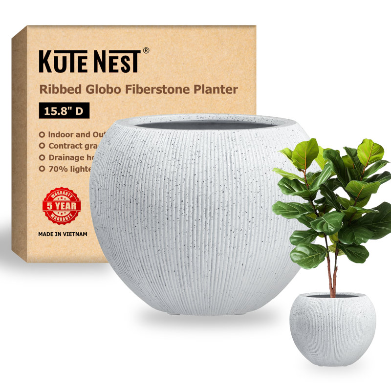 Kute Nest Indoor/Outdoor Small Ribbed Globo Fiberstone Planter - - Opening 7.8", 12.8" H x 16" W x 16" D