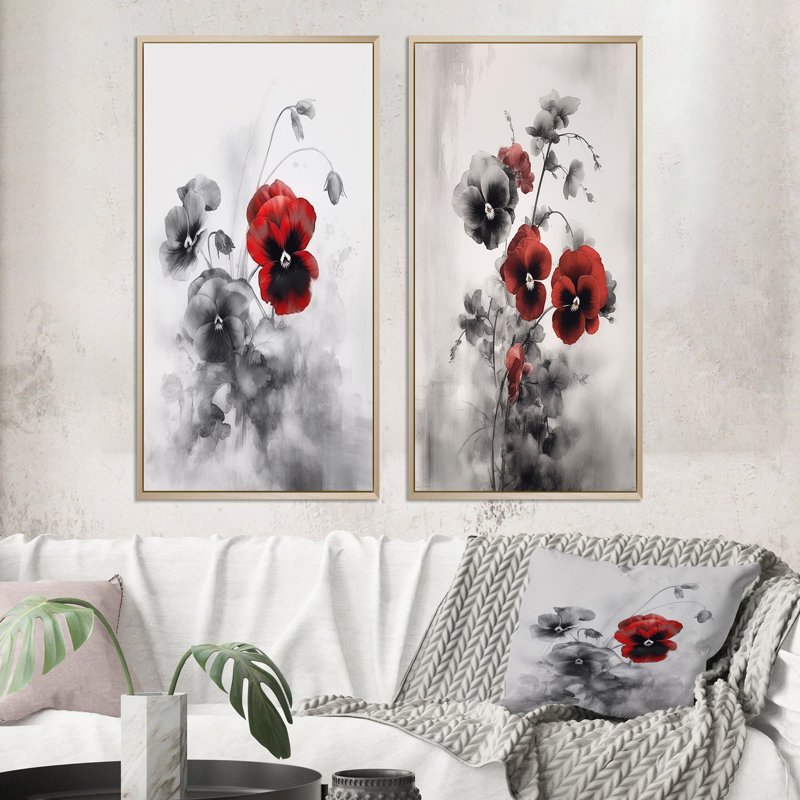 «Red and Grey Minimalisme Pansies», 2 pièces sur toile, H 32 po x l 32 po, Encadrement brun