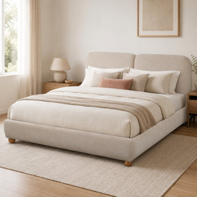 Lit plateforme tapissier très grand Jason, tissu Boucle avec tête de lit courbée de 8 po d'épaisseur, pieds arrondis en bois d'hévéa massif, cadre de plateforme à profil bas, pas de sommier tapissier requis