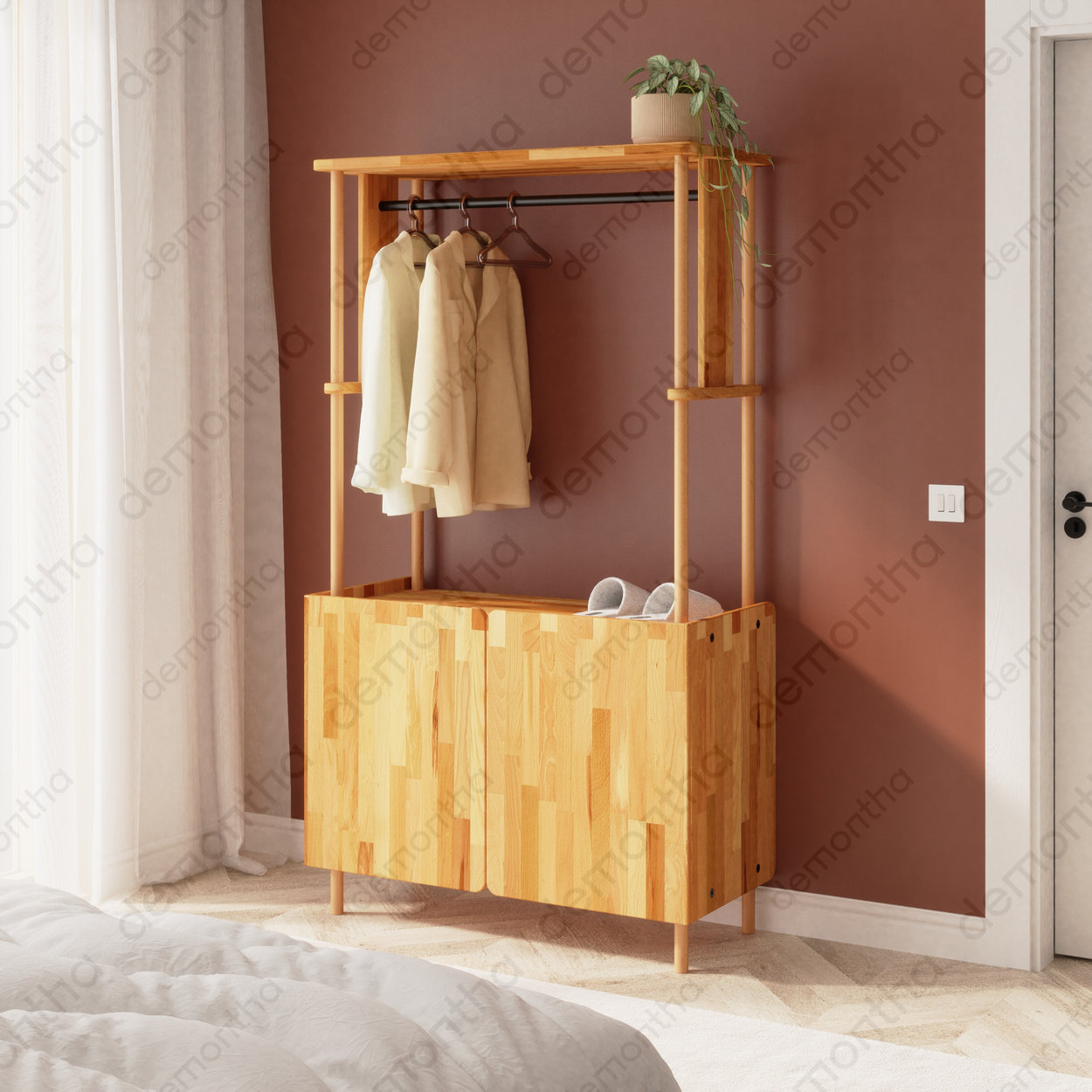 Corrigan Studio® Solid Wood Wardrobe With Cabinet, Hanging Rod, And ...