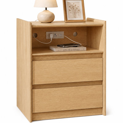 Modern 2-Drawer Nightstand with Charging Station and Open Shelf