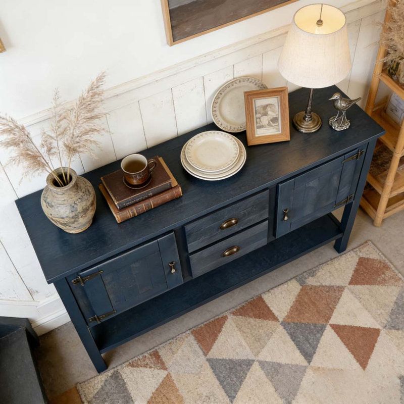 48'' Solid Wood Sideboard Console Table with 2 Drawers and Cabinets and Bottom Shelf, Navy Blue