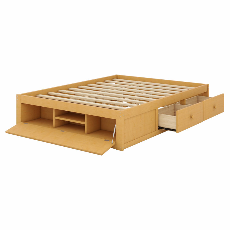 Platform Bed Frame with 4 Storage Drawers and Hydraulic Footboard Storage, No Headboard Style, Naturel