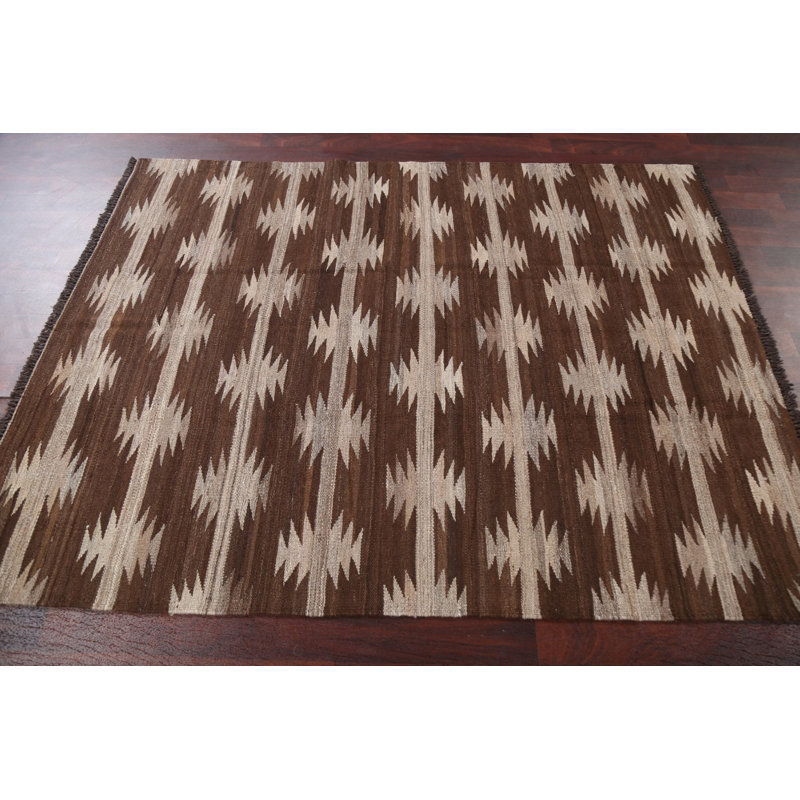 Natural Dye Brown Kilim Wool Area Rug 5x6