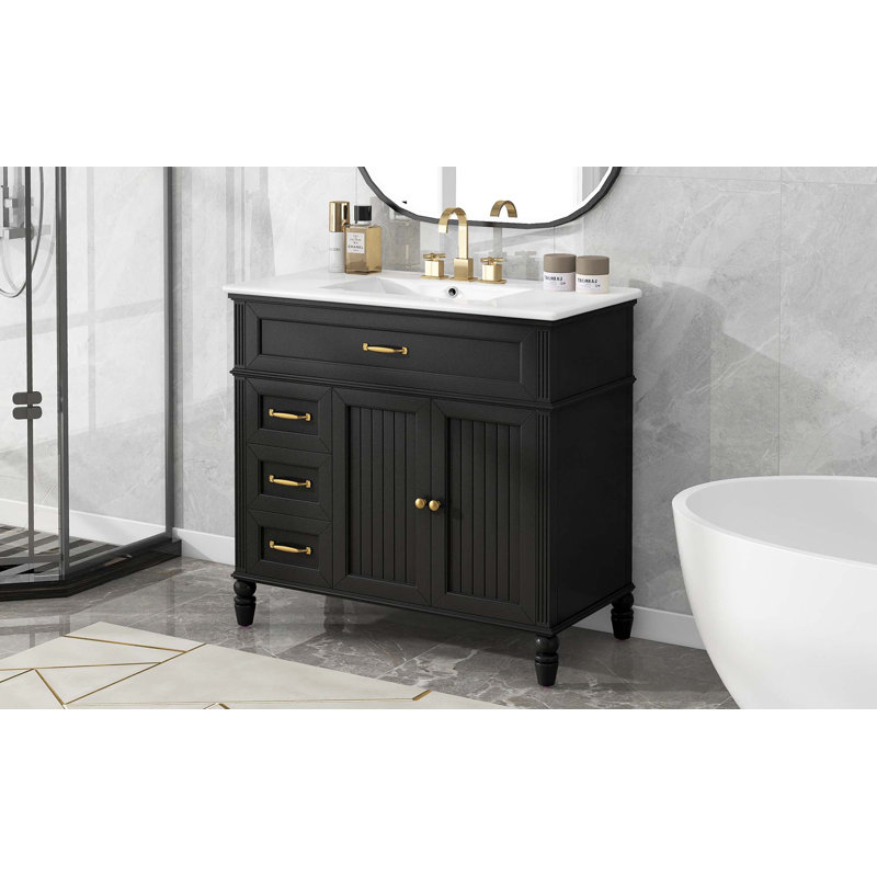 Meuble-lavabo 36 po avec lavabo, armoire de salle de bain avec tiroirs, cadre solide et panneau de fibres à densité moyenne, un paquet