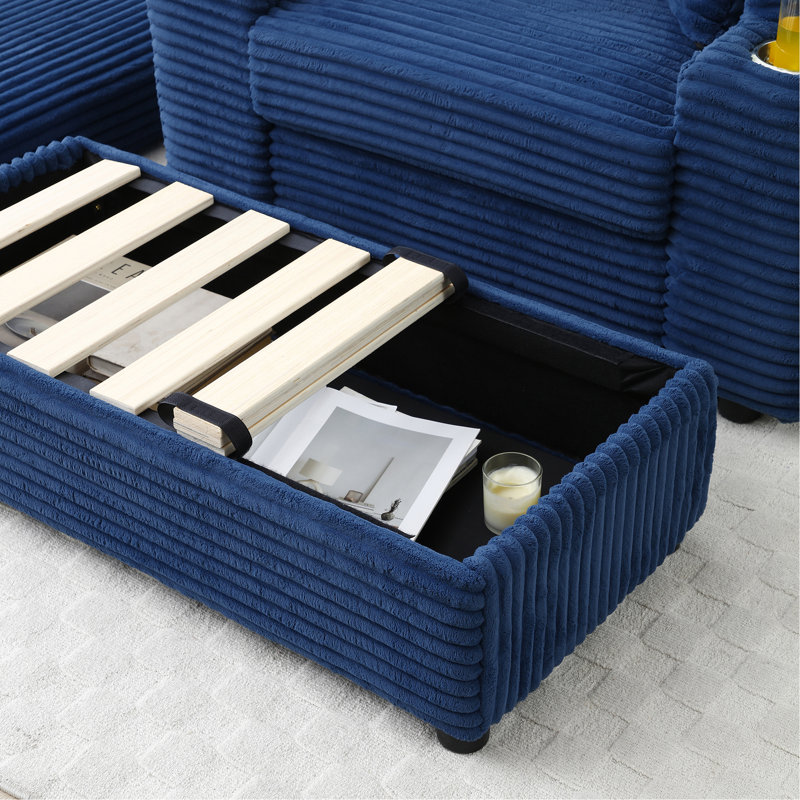 Corduroy Fabric Loveseat with Ottomans and Two Pillows, Blue Corduroy