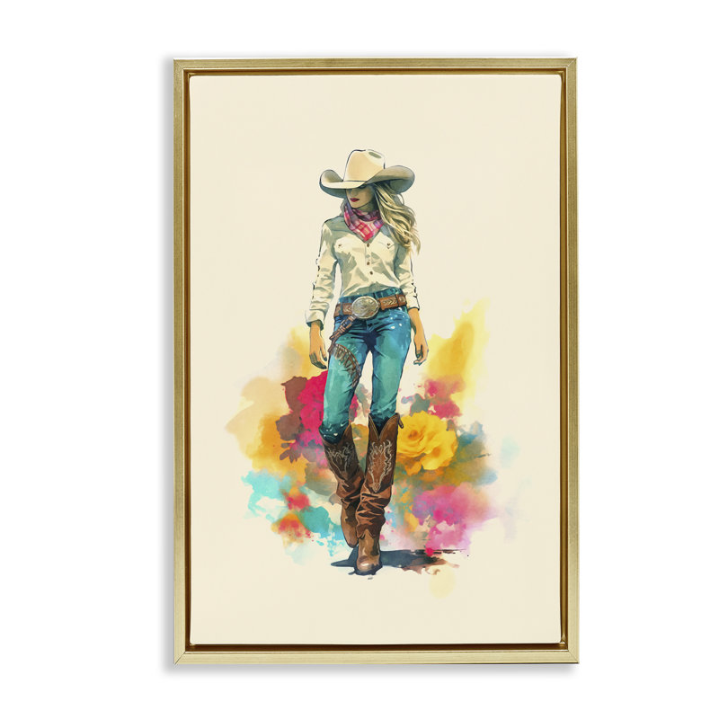 «Prairie Princess Cowgirl», toile flottante encadrée par Andrea Haase, Cadre flottant métallique doré, H 25 po x l 17 po