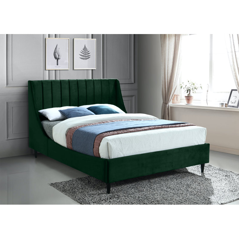 Eva Upholstered Low Profile Platform Bed, Green Velvet, Queen