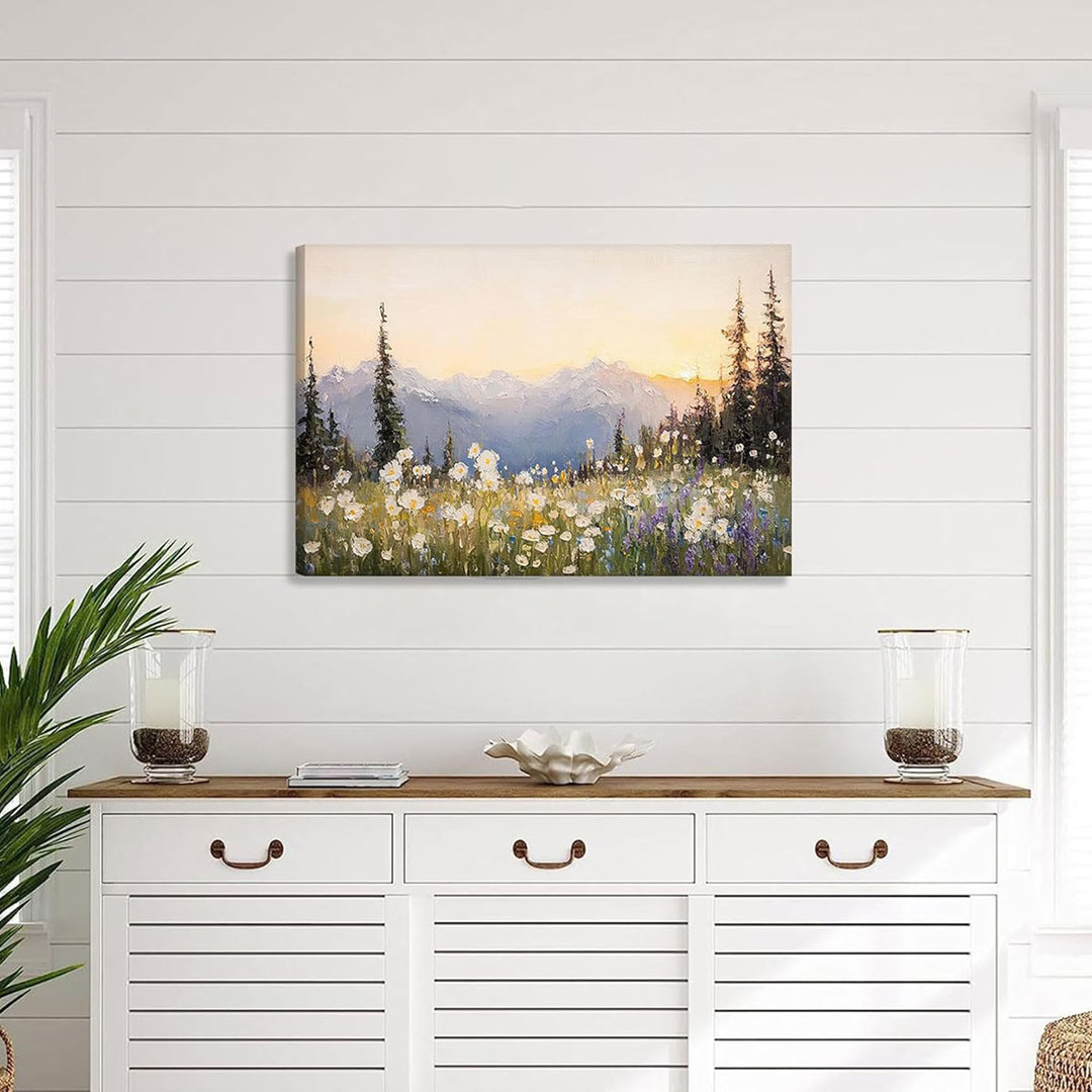 Colorful Landscape Canvas Wall Art Abstract Mountains Wildflowers Picture Wall Decor Flowers Field Poster Forest Sunset Sunrise Print Artwork For Livi