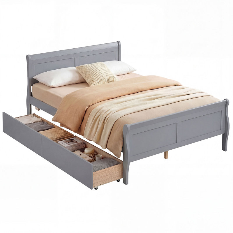 Structure de lit double avec tiroirs de rangement, lit plateforme en bois avec tête de lit gris, Full / Double, Gray