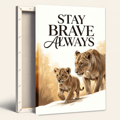 Lioness And Lion Cub Walking In Golden Savannah Canvas Wall Art