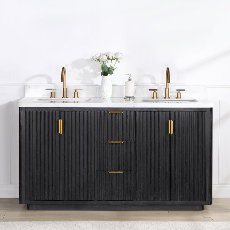 Ensemble de meuble-lavabo double 60 "Adela, Noir, noir, noir, noir, Blanc / Blanc, Doré