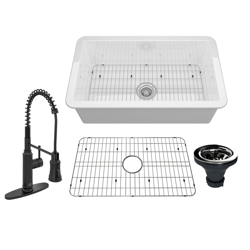 31.88'' L Single Bowl Fireclay Kitchen Sink, Matte Black
