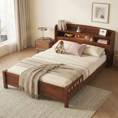 Sailvan Full Pine Wood Bed with Bookcase Headboard, LED Motion Sensor Light & Bed Guardrails