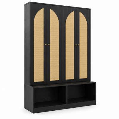 79" Farmhouse Hall Tree with Rattan Doors, Shoe Storage Bench, 6 Coat Hooks and Adjustable Shelves for Entryway