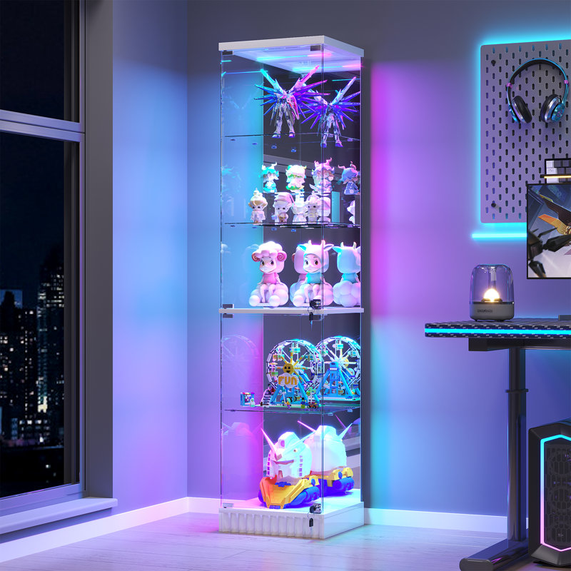 Glass Display Cabinet with Sensor RGB Lights, Wine Cabinet with Lock, White