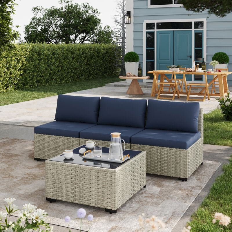 4 Pieces Design-Rattan Patio Sofa With Cushions, Navy