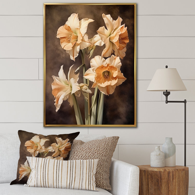 «Brown Green Daffodils Natures Impression», reproduction sur toile, H 44 po x l 34 po x P 1,5 po, Cadre flottant doré