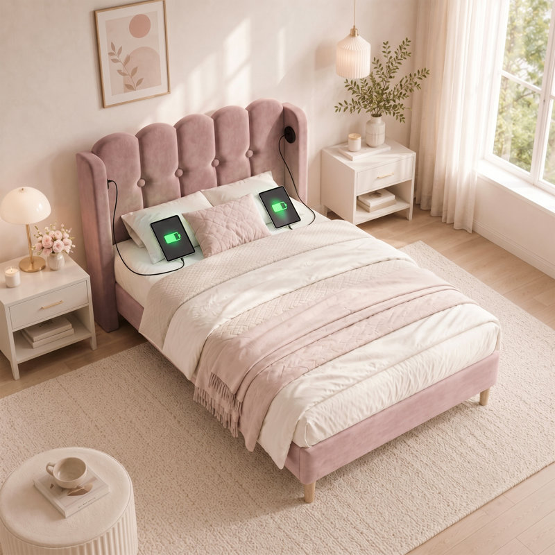 Velvet Upholstered 4Ft6 Double Bed With USB And Type-C Charging, Single (3'), Pink