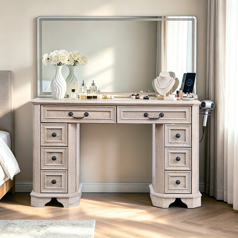 48" Farmhouse Makeup Vanity Desk With Hd Mirror And Lights, Vanity Table With 8 Drawers，With Glass Top And Power For Bedroom