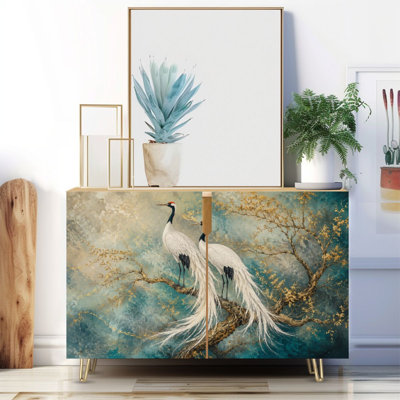 Narrow 35.4'' Wide Sideboard Buffet Cabinet - 2-Door Accent Storage Cabinet With Elegant White Cranes Tree Branch Dreamy Blue Gold Print And Metal Legs