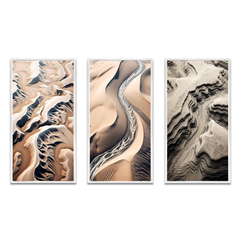 «Eernal Dunes Desert Rivers», 3 pièces, H 48 po x l 32 po, Cadre flottant blanc