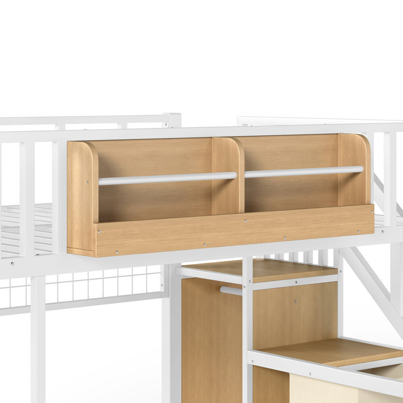 Lit mezzanine en métal avec bureau, tiroirs et ports de chargement USB Elevate, Lit double, Blanc