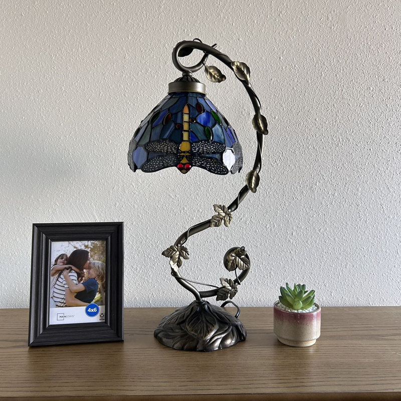 Copemish Tiffany Table Lamp Dragonfly Stained Glass LED Bulb Included Iron Metal Leaves 11"W*8"D*21"H, Blue/Green/Yellow