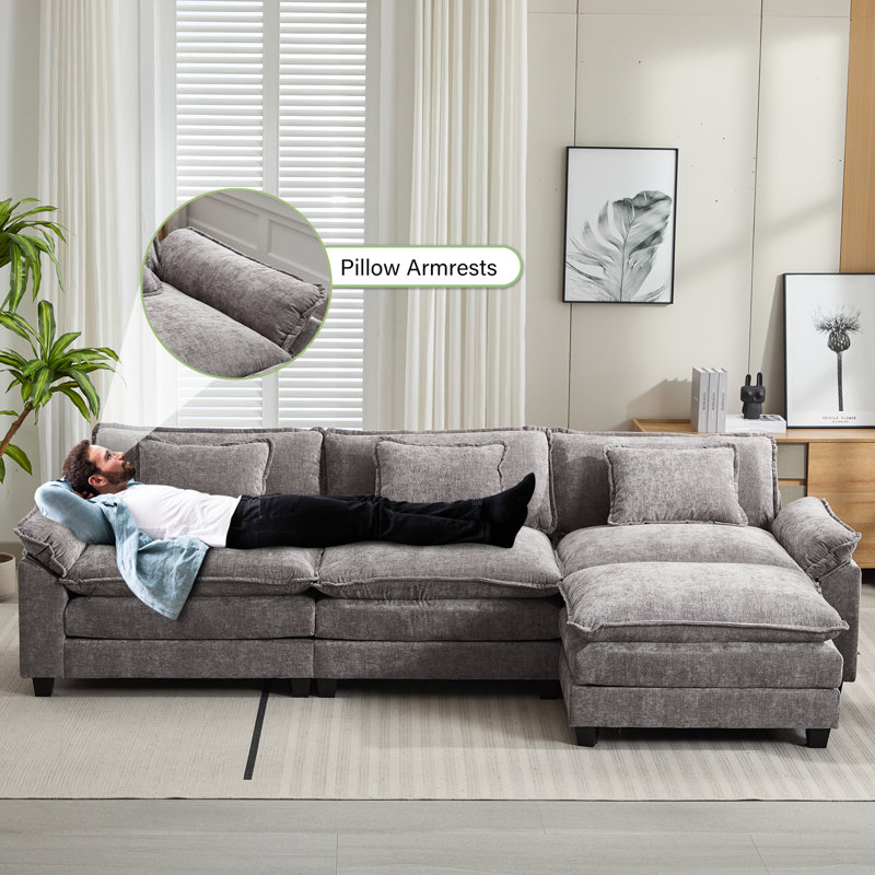 120" Sectional Sofa Comfy Cloud Couch for Living Room Modern Sofa Sleeper Deep Couches with Ottoman, Light Gray Chenille