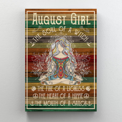 Méditation August Girl avec un fond de mur en bois coloré - August Girl, âme d'une sorcière, le feu d'une lionne - 1 pièce, impression sur toile tendue