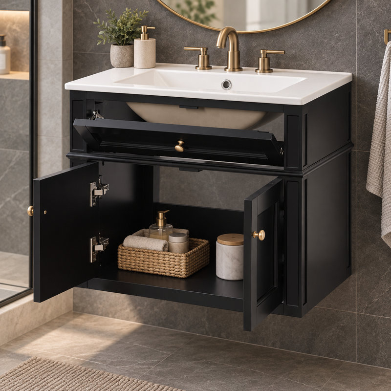 Meuble-lavabo mural de 61 cm (24 po) avec lavabo en céramique, armoire à 2 portes avec tiroir basculant, charnières à fermeture amortie et dos ouvert, noir