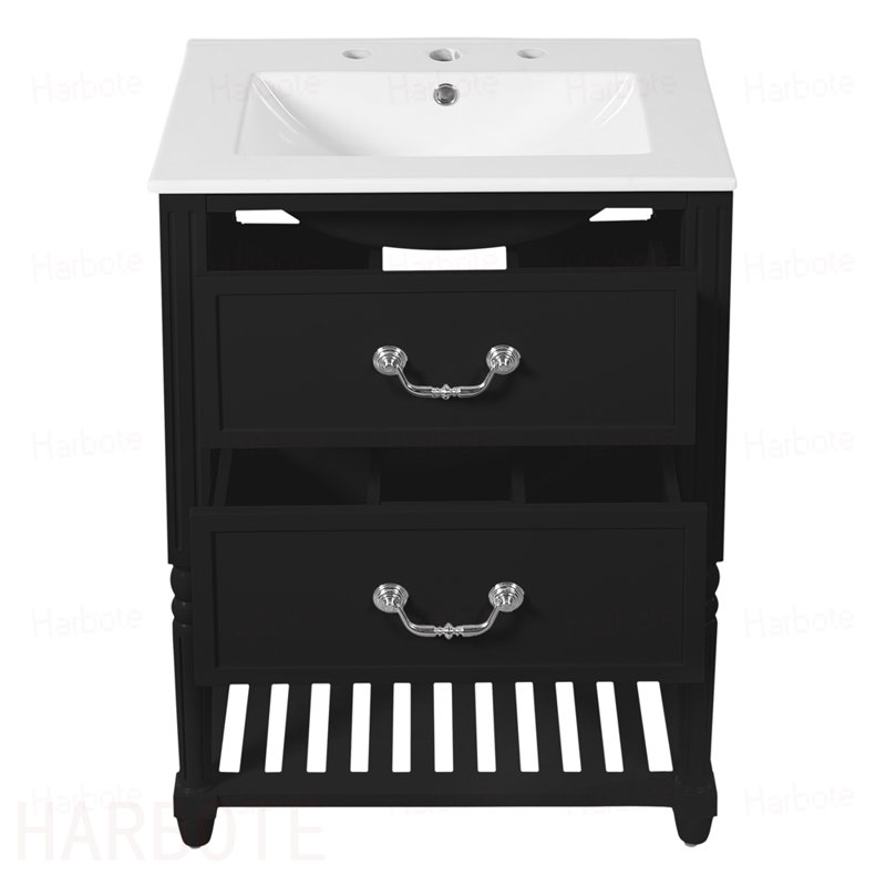 Meuble-lavabo de salle de bain avec lavabo en céramique, armoire de salle de bain avec deux tiroirs à fermeture en douceur et une tablette ouverte