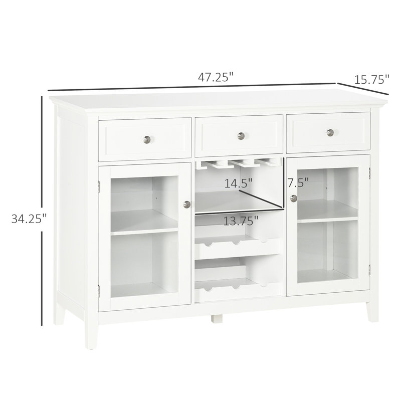 Armoire à café, blanc - 3 tiroirs, 6 porte-bouteilles, verres à pied, armoire élégante avec buffet et porte en verre pour le rangement