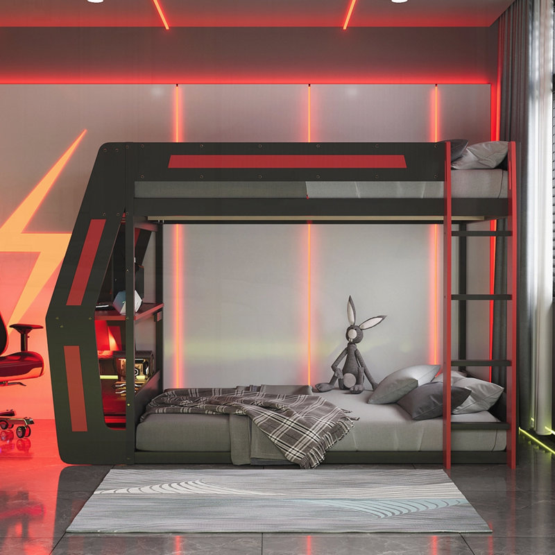 Gaming Bed with Side-Mounted Oversized RGB Desk, Red