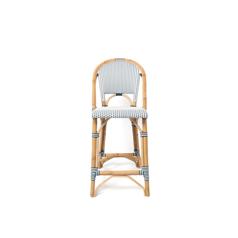 Modern Rattan Counter Stool with Curved Back – Bistro Style Manau Rattan Bar Seating, White/Navy Blue