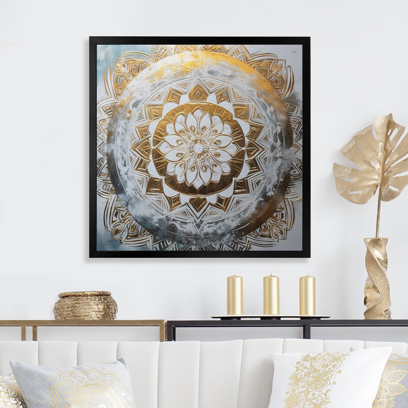 Mandala blanc et doré VII sur toile, Cadre d'angle fermé noir, H 16 po x l 16 po x P 1 po