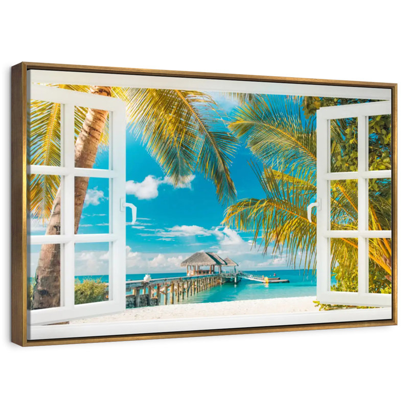 Faux scène de fenêtre, Cadre flottant doré, 43 po x 29 po
