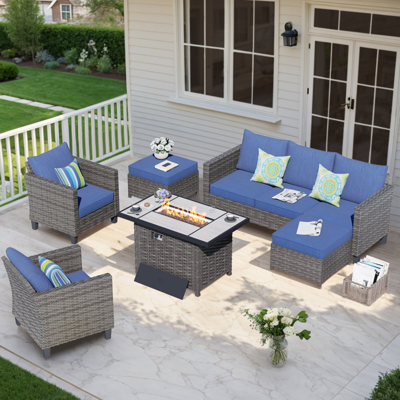 Dzion 5 - Person Patio Conversation Set with Cushions, Denim Blue, Yes