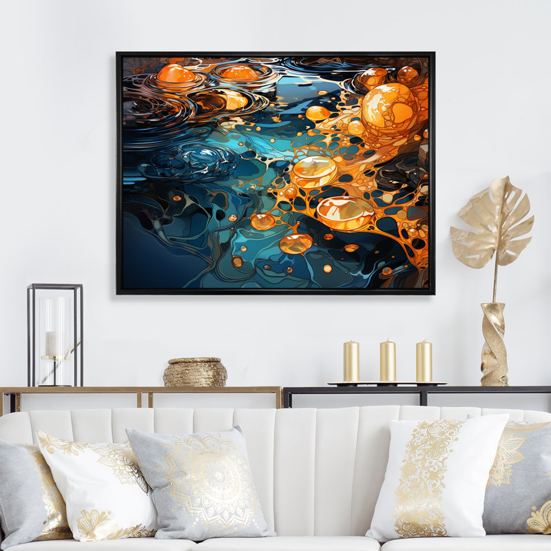 «Orange Orange and Blue River Serene Journey III», art mural abstrait à l'encre liquide, Cadre flottant noir