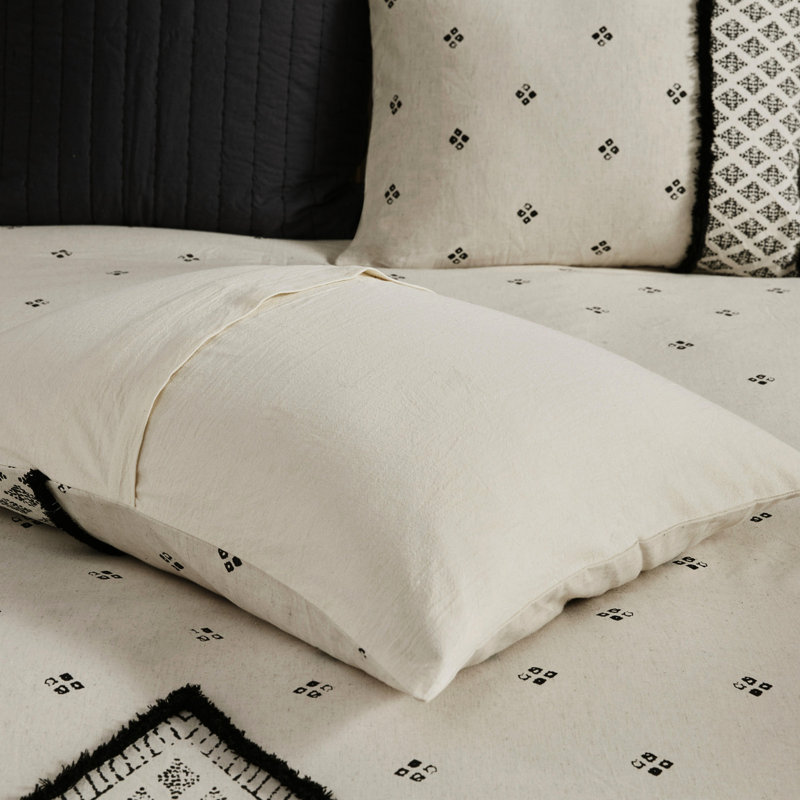Courtepointe double / grand - mélange de lin et de coton, bordure texturée en chenille à motif de losanges noirs pour un édredon moderne, mélange de lin naturel, atmosphère sereine et calme