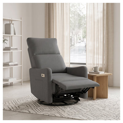 Fauteuil inclinable pivotant électrique gris foncé avec port USB, pivotant à 270° et berçant, idéal pour le salon et la chambre d'enfant.
