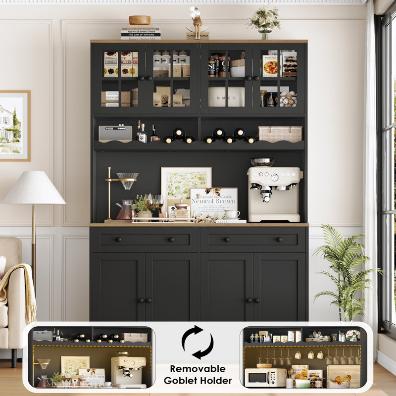 Dayal 75.4"H Modern Kitchen Pantry Cabinet with Charge Station, Large Food Pantry with Microwave Shelf & Wine Storage, Removable Goblet Holder