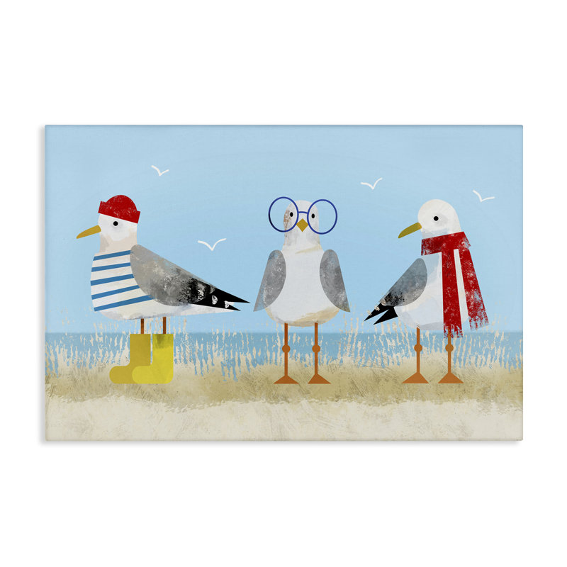 Art mural en toile Mouettes en vêtements d'hiver par Victoria Barnes, H 16 po x l 24 po