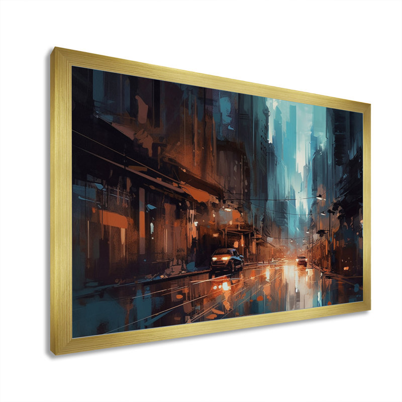 «Blue and Orange Exploration The City's Heart I», reproduction sur toile, H 30 po x l 40 po x P 1,5 po, Encadrement doré